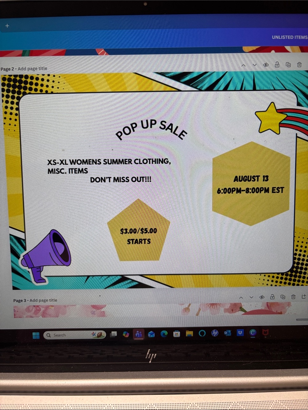 Pop Up Women’s Summer Clearance Sale— 6 to 8 pm August 13